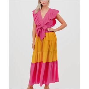 The Clothing Company Tiered Maxi Dress Pink Yellow Flutter Ruffle Womens Small